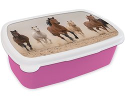 Broodtrommel Roze - Lunchbox Kudde paarden - Stofwolk - Bruin - Zwart - Brooddoos 18x12x6 cm - Brood lunch box - Broodtrommels voor kinderen en volwassenen