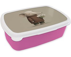 Broodtrommel Roze - Lunchbox Olifant - Witte bloemen - Kindvriendelijk - Brooddoos 18x12x6 cm - Brood lunch box - Broodtrommels voor kinderen en volwassenen