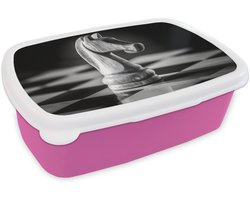 Broodtrommel Roze - Lunchbox Paard - Hout - Schaalbord - Zwart - Brooddoos 18x12x6 cm - Brood lunch box - Broodtrommels voor kinderen en volwassenen