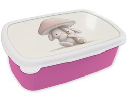 Broodtrommel Roze - Lunchbox Paddenstoel - Konijn - Roze - Brooddoos 18x12x6 cm - Brood lunch box - Broodtrommels voor kinderen en volwassenen