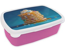 Broodtrommel Roze - Lunchbox Pannenkoeken - Steentjes - Glitter - Slagroom - Brooddoos 18x12x6 cm - Brood lunch box - Broodtrommels voor kinderen en volwassenen