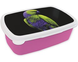 Broodtrommel Roze - Lunchbox Papegaai - Veren - Opvallend - Groen - Brooddoos 18x12x6 cm - Brood lunch box - Broodtrommels voor kinderen en volwassenen