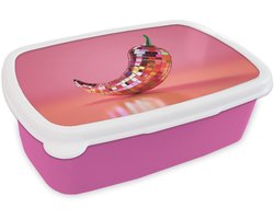 Broodtrommel Roze - Lunchbox Peper - Disco - Rood - Glitter - Brooddoos 18x12x6 cm - Brood lunch box - Broodtrommels voor kinderen en volwassenen