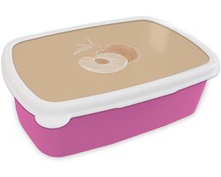 Broodtrommel Roze - Lunchbox Perzik - Lijntekening - Pit - Beige - Brooddoos 18x12x6 cm - Brood lunch box - Broodtrommels voor kinderen en volwassenen