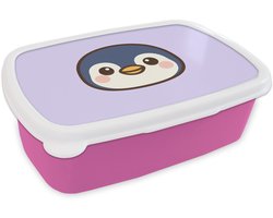 Broodtrommel Roze - Lunchbox Pinguïn - Paars - Schattig - Brooddoos 18x12x6 cm - Brood lunch box - Broodtrommels voor kinderen en volwassenen