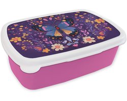 Broodtrommel Roze - Lunchbox Sierlijk - Bloemen - Vlinder - Paars - Brooddoos 18x12x6 cm - Brood lunch box - Broodtrommels voor kinderen en volwassenen