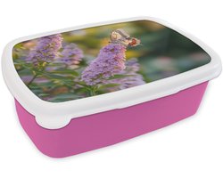 Broodtrommel Roze - Lunchbox Sierlijke - Vlinder - Paarse - Bloemen - Brooddoos 18x12x6 cm - Brood lunch box - Broodtrommels voor kinderen en volwassenen