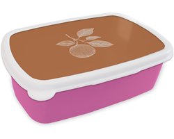 Broodtrommel Roze - Lunchbox Sinaasappel - Getekend - Bladeren - Bruin - Brooddoos 18x12x6 cm - Brood lunch box - Broodtrommels voor kinderen en volwassenen