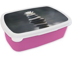 Broodtrommel Roze - Lunchbox Stenen - Lotus - Grijs - Brooddoos 18x12x6 cm - Brood lunch box - Broodtrommels voor kinderen en volwassenen
