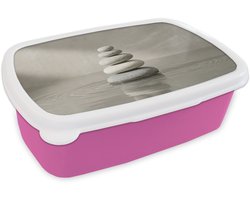 Broodtrommel Roze - Lunchbox Stenen - Water - Grijs - Brooddoos 18x12x6 cm - Brood lunch box - Broodtrommels voor kinderen en volwassenen