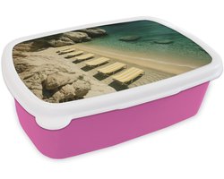 Broodtrommel Roze - Lunchbox Strandbedden - Zee - Stenen - Baai - Brooddoos 18x12x6 cm - Brood lunch box - Broodtrommels voor kinderen en volwassenen