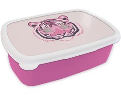 Broodtrommel Roze - Lunchbox Tijger - Glitterzonnebril - Roze - Brooddoos 18x12x6 cm - Brood lunch box - Broodtrommels voor kinderen en volwassenen