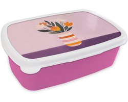 Broodtrommel Roze - Lunchbox Tulpen - Vaas - Strepen - Paars - Brooddoos 18x12x6 cm - Brood lunch box - Broodtrommels voor kinderen en volwassenen