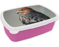 Broodtrommel Roze - Lunchbox Vogel - Realistisch - Veren - Bruin - Brooddoos 18x12x6 cm - Brood lunch box - Broodtrommels voor kinderen en volwassenen