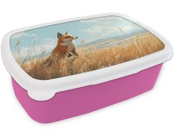 Broodtrommel Roze - Lunchbox Vos - Gras - Wolken - Oranje - Brooddoos 18x12x6 cm - Brood lunch box - Broodtrommels voor kinderen en volwassenen
