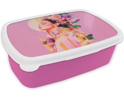 Broodtrommel Roze - Lunchbox Vrouw - Bloemen - Paars - Abstract - Brooddoos 18x12x6 cm - Brood lunch box - Broodtrommels voor kinderen en volwassenen