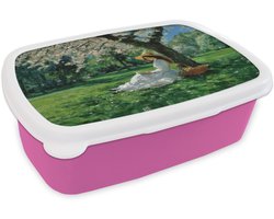 Broodtrommel Roze - Lunchbox Vrouw - Boom - Boek - Mandje - Brooddoos 18x12x6 cm - Brood lunch box - Broodtrommels voor kinderen en volwassenen
