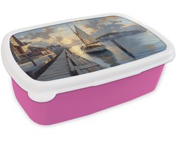 Broodtrommel Roze - Lunchbox Zeilboot - Zon - Pier - Hout - Brooddoos 18x12x6 cm - Brood lunch box - Broodtrommels voor kinderen en volwassenen