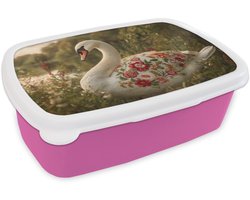 Broodtrommel Roze - Lunchbox Zwaan - Bloemen - Natuur - Brooddoos 18x12x6 cm - Brood lunch box - Broodtrommels voor kinderen en volwassenen