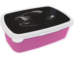 Broodtrommel Roze - Lunchbox Zwart - Koffie - Kopje - Brooddoos 18x12x6 cm - Brood lunch box - Broodtrommels voor kinderen en volwassenen