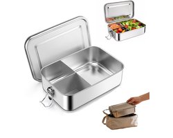 Broodtrommel RVS - Lunchbox met 3 vakjes - Lekdichte lunchbox met sluitklem en siliconen afdichting - 1200 ml - 19,5×14,5×6,5cm - voor picknick, sport en school