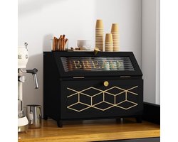 Broodtrommel van hout, 2 etages, grote broodtrommel zwart met transparant venster, brooddoos voor keuken, werkblad, voedselopslag