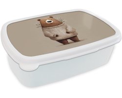 Broodtrommel Wit - Lunchbox Beer - Witte bloemen - Knus - Brooddoos 18x12x6 cm - Brood lunch box - Broodtrommels voor kinderen en volwassenen