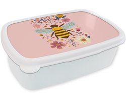 Broodtrommel Wit - Lunchbox Bij - Geel - Bloemen - Kleurrijk - Brooddoos 18x12x6 cm - Brood lunch box - Broodtrommels voor kinderen en volwassenen
