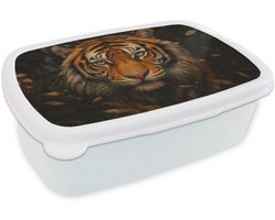 Broodtrommel Wit - Lunchbox Bladeren - Tijger - Oranje - Brooddoos 18x12x6 cm - Brood lunch box - Broodtrommels voor kinderen en volwassenen