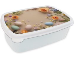 Broodtrommel Wit - Lunchbox Bloemen - Pastelkleuren - Eieren - Taupe - Brooddoos 18x12x6 cm - Brood lunch box - Broodtrommels voor kinderen en volwassenen