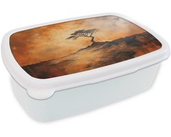 Broodtrommel Wit - Lunchbox Boom - Landschap - Oranje - Brooddoos 18x12x6 cm - Brood lunch box - Broodtrommels voor kinderen en volwassenen