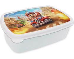 Broodtrommel Wit - Lunchbox Brandweer - Jongens - Kinderen - Auto - Brooddoos 18x12x6 cm - Brood lunch box - Broodtrommels voor kinderen en volwassenen