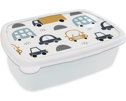 Broodtrommel Wit - Lunchbox - Brooddoos - Patroon - Jongens - Auto - Kind - 18x12x6 cm - Volwassenen