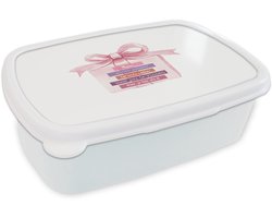 Broodtrommel Wit - Lunchbox Cadeau - Strik - Tekst - Roze - Brooddoos 18x12x6 cm - Brood lunch box - Broodtrommels voor kinderen en volwassenen