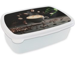 Broodtrommel Wit - Lunchbox Cappuccino - Kop - Bonen - Bruin - Brooddoos 18x12x6 cm - Brood lunch box - Broodtrommels voor kinderen en volwassenen