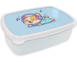 Broodtrommel Wit - Lunchbox Corgi - Koptelefoon - Blauw - Muzieknoten - Brooddoos 18x12x6 cm - Brood lunch box - Broodtrommels voor kinderen en volwassenen
