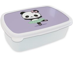 Broodtrommel Wit - Lunchbox Dansende panda - Paars - Sierlijk - Kawaii - Brooddoos 18x12x6 cm - Brood lunch box - Broodtrommels voor kinderen en volwassenen