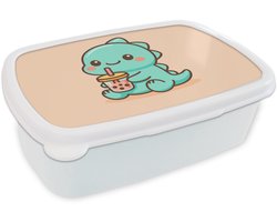 Broodtrommel Wit - Lunchbox Dino - Boba - kawaii - Oranje - Brooddoos 18x12x6 cm - Brood lunch box - Broodtrommels voor kinderen en volwassenen