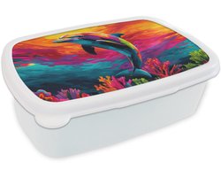 Broodtrommel Wit - Lunchbox Dolfijn - Kleurrijk - Oceaan - Koraal - Brooddoos 18x12x6 cm - Brood lunch box - Broodtrommels voor kinderen en volwassenen