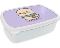 Broodtrommel Wit - Lunchbox Eend - Sjaal - Paars - Brooddoos 18x12x6 cm - Brood lunch box - Broodtrommels voor kinderen en volwassenen