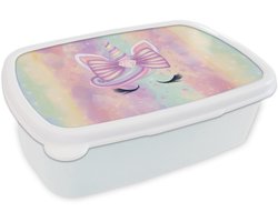 Broodtrommel Wit - Lunchbox Eenhoorn - Glitters - Regenboog - Pastel - Brooddoos 18x12x6 cm - Brood lunch box - Broodtrommels voor kinderen en volwassenen