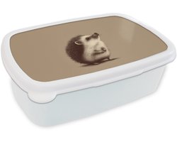 Broodtrommel Wit - Lunchbox Egel - Snuitje - Bruin - Stekels - Brooddoos 18x12x6 cm - Brood lunch box - Broodtrommels voor kinderen en volwassenen