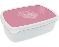 Broodtrommel Wit - Lunchbox Frambozen - Steel - Getekend - Roze - Brooddoos 18x12x6 cm - Brood lunch box - Broodtrommels voor kinderen en volwassenen