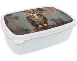 Broodtrommel Wit - Lunchbox Geschilderd - Abstract - Uil - Bruin - Brooddoos 18x12x6 cm - Brood lunch box - Broodtrommels voor kinderen en volwassenen