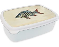 Broodtrommel Wit - Lunchbox Gestreept - Donkerblauw - Rugvin - Vis - Brooddoos 18x12x6 cm - Brood lunch box - Broodtrommels voor kinderen en volwassenen