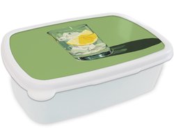 Broodtrommel Wit - Lunchbox Glas - Citroen - Ijsblokjes - Groen - Brooddoos 18x12x6 cm - Brood lunch box - Broodtrommels voor kinderen en volwassenen