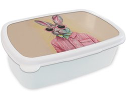 Broodtrommel Wit - Lunchbox Grijs - Konijn - Blouse - Strik - Brooddoos 18x12x6 cm - Brood lunch box - Broodtrommels voor kinderen en volwassenen