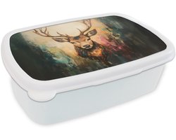 Broodtrommel Wit - Lunchbox Hert - Geverfd - Gewei - Bruin - Brooddoos 18x12x6 cm - Brood lunch box - Broodtrommels voor kinderen en volwassenen