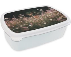 Broodtrommel Wit - Lunchbox Hert - Wilde bloemen - Bos - Brooddoos 18x12x6 cm - Brood lunch box - Broodtrommels voor kinderen en volwassenen