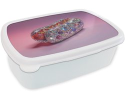Broodtrommel Wit - Lunchbox Hotdog - Steentjes - Glitters - Paars - Brooddoos 18x12x6 cm - Brood lunch box - Broodtrommels voor kinderen en volwassenen